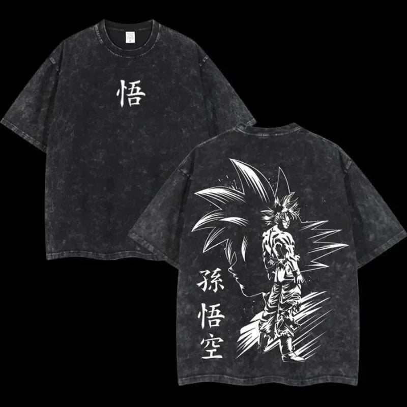 Anime Dragon Ball Cosplay Washed T-Shirt Cotton Short Sleeve Loose Large Casual Sports Fitness T-Shirt Men's Harajuku Clothing