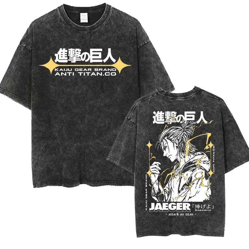 Anime Attack on Titan Vintage Washed Print T-shirt Mikasa Ackerman Eren Jaeger Wings of Freedom Logo Mens Summer Cotton T-shirts