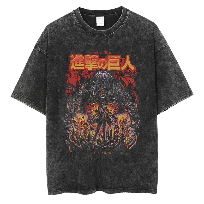 Anime Attack on Titan Vintage Washed Print T-shirt Mikasa Ackerman Eren Jaeger Wings of Freedom Logo Mens Summer Cotton T-shirts