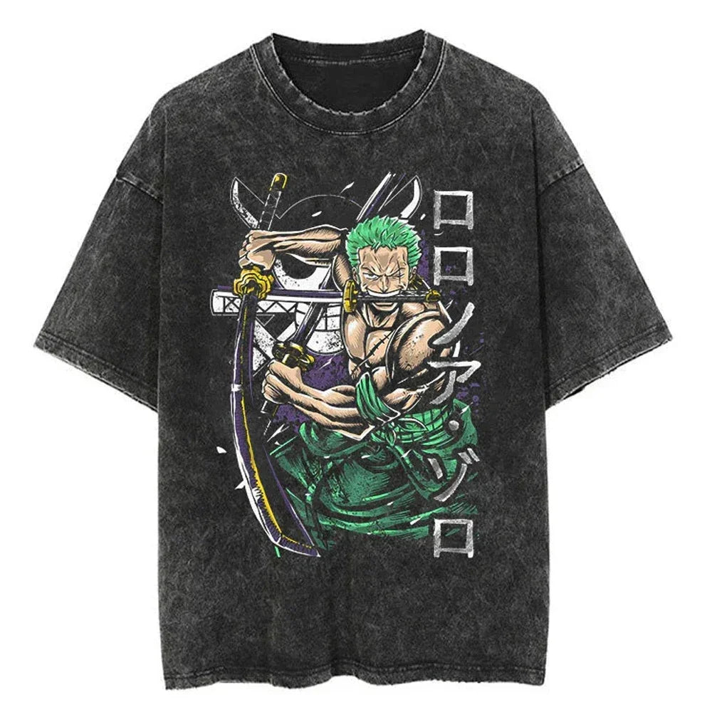 Men Casual Oversized Washed Harajuku T-shirt Washed Japanese Anime One Piece Graphic Loose Streetwear Black Tops Tees