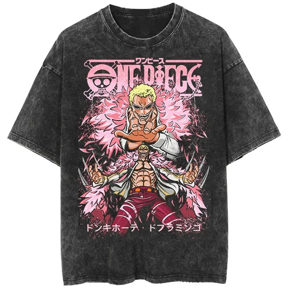 Men Casual Oversized Washed Harajuku T-shirt Washed Japanese Anime One Piece Graphic Loose Streetwear Black Tops Tees