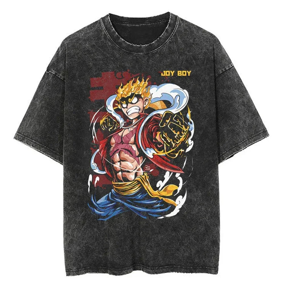 Men Casual Oversized Washed Harajuku T-shirt Washed Japanese Anime One Piece Graphic Loose Streetwear Black Tops Tees