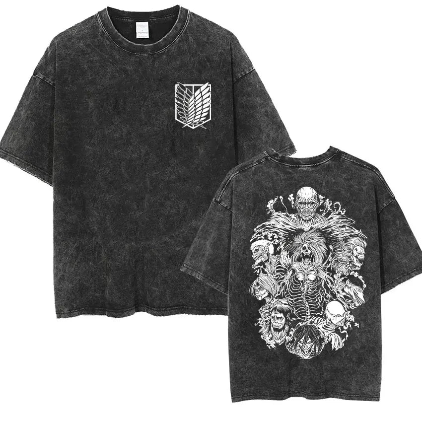 Anime Attack on Titan Vintage Washed Print T-shirt Mikasa Ackerman Eren Jaeger Wings of Freedom Logo Mens Summer Cotton T-shirts