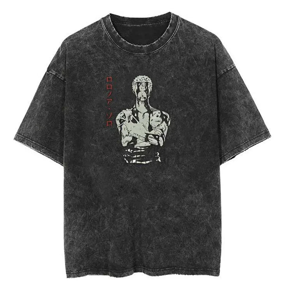 Men Casual Oversized Washed Harajuku T-shirt Washed Japanese Anime One Piece Graphic Loose Streetwear Black Tops Tees