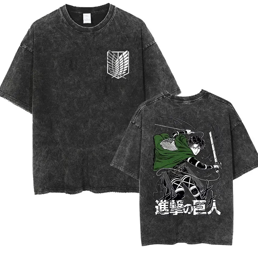 Anime Attack on Titan Vintage Washed Print T-shirt Mikasa Ackerman Eren Jaeger Wings of Freedom Logo Mens Summer Cotton T-shirts