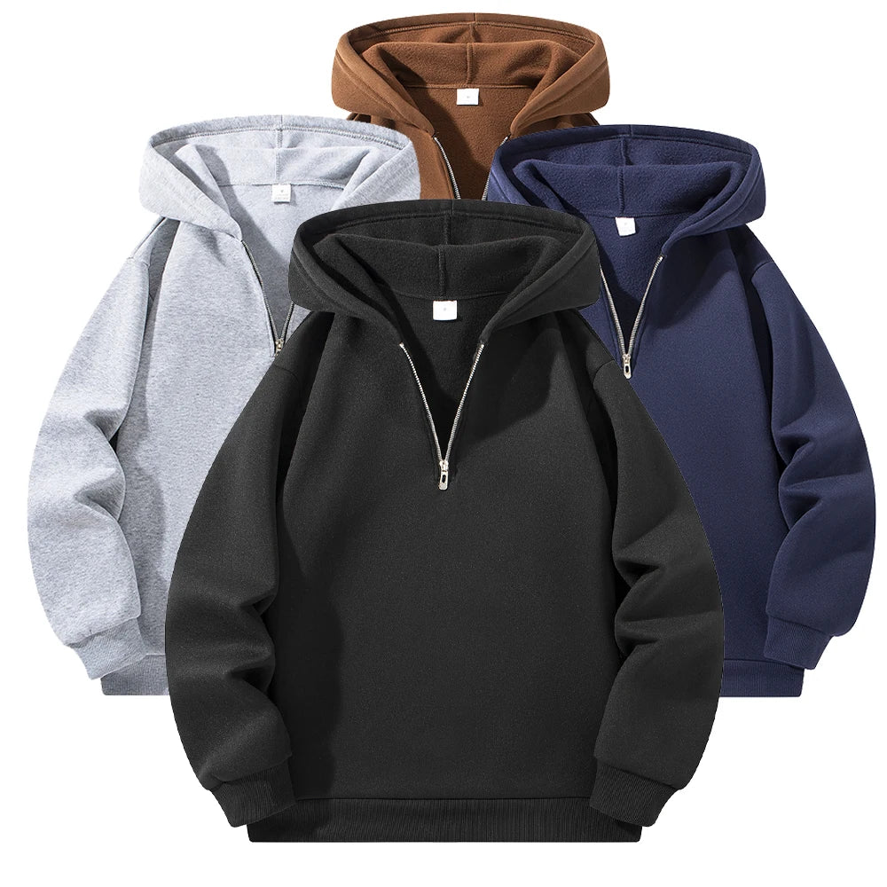 Men's Half Zipper Hooded Hoodies New Solid Color Long Sleeve Sweatshirts Autumn Loose Sport Warm Sweats Fashion Casual Pullover