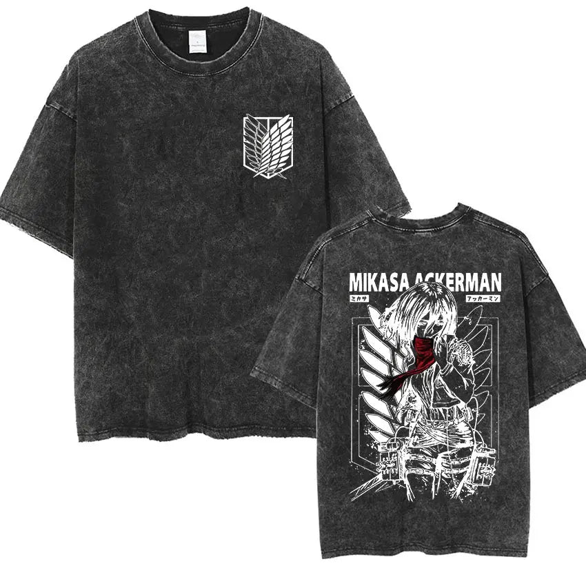 Anime Attack on Titan Vintage Washed Print T-shirt Mikasa Ackerman Eren Jaeger Wings of Freedom Logo Mens Summer Cotton T-shirts