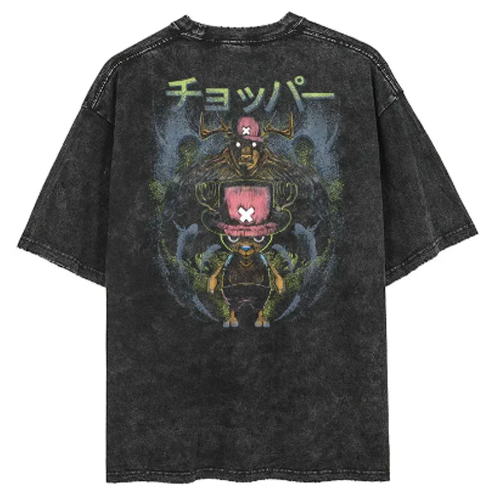 Men Casual Oversized Washed Harajuku T-shirt Washed Japanese Anime One Piece Graphic Loose Streetwear Black Tops Tees