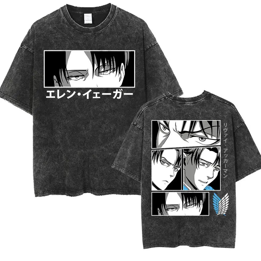 Anime Attack on Titan Vintage Washed Print T-shirt Mikasa Ackerman Eren Jaeger Wings of Freedom Logo Mens Summer Cotton T-shirts