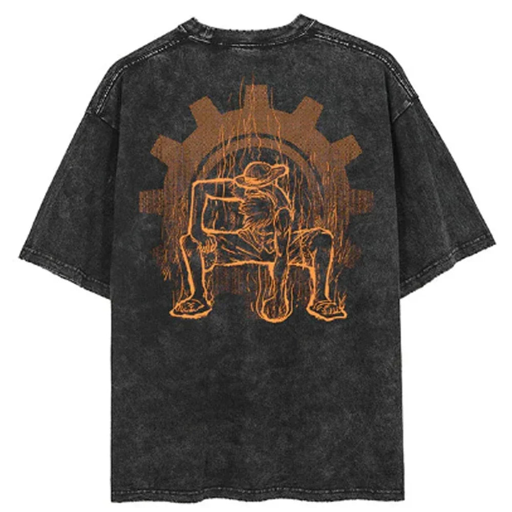 Men Casual Oversized Washed Harajuku T-shirt Washed Japanese Anime One Piece Graphic Loose Streetwear Black Tops Tees