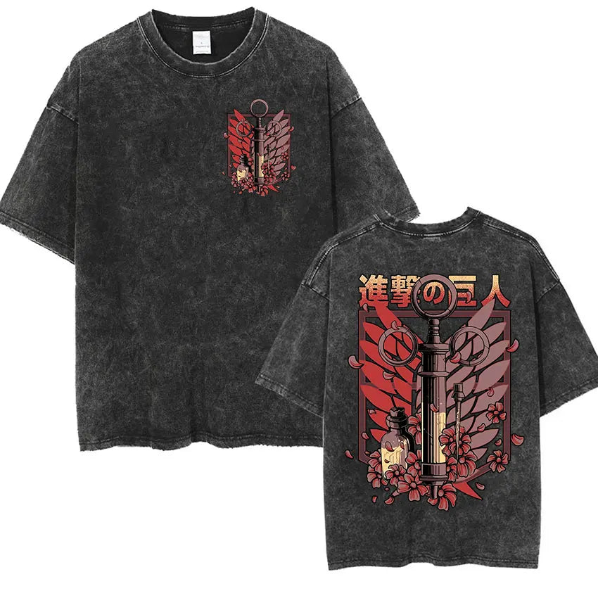 Anime Attack on Titan Vintage Washed Print T-shirt Mikasa Ackerman Eren Jaeger Wings of Freedom Logo Mens Summer Cotton T-shirts