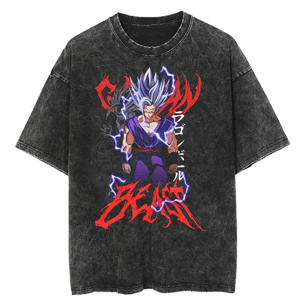 Hip Hop Streetwear Men Washed T-Shirt Dragon Ball Anime Graphic Oversized T Shirt Summer Short Sleeve Cotton Tshirt Vintage Tops