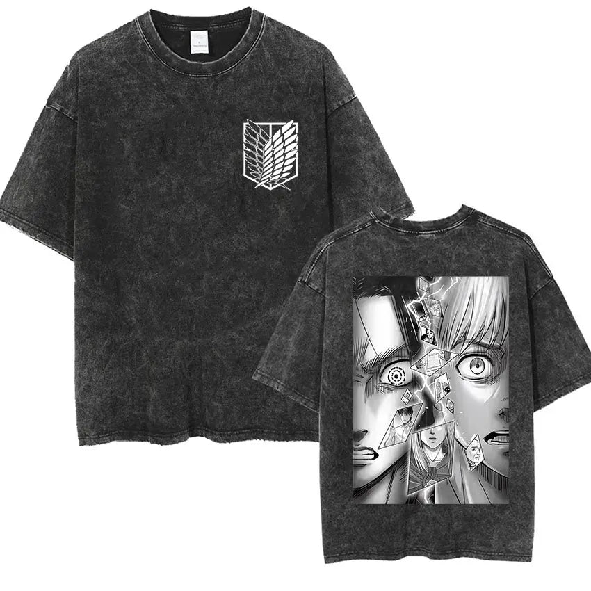 Anime Attack on Titan Vintage Washed Print T-shirt Mikasa Ackerman Eren Jaeger Wings of Freedom Logo Mens Summer Cotton T-shirts