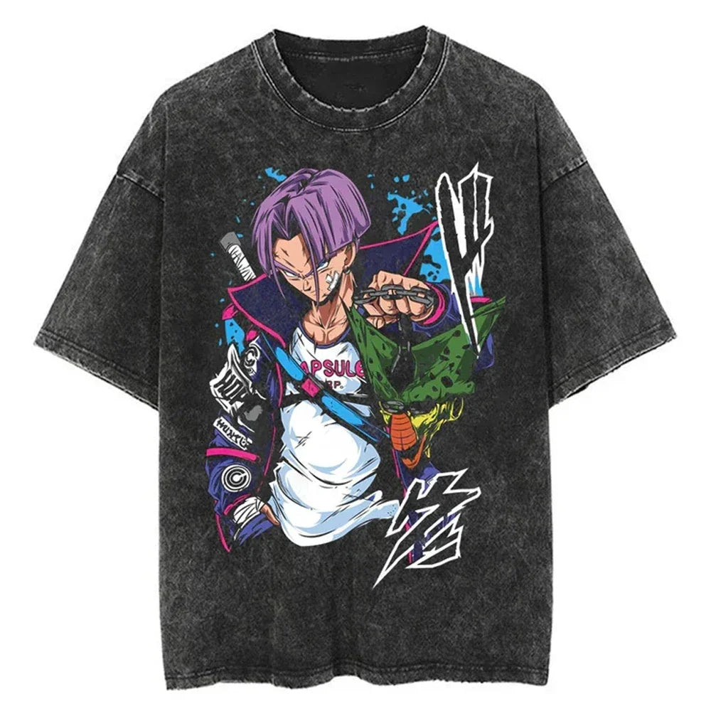Hip Hop Streetwear Men Washed T-Shirt Dragon Ball Anime Graphic Oversized T Shirt Summer Short Sleeve Cotton Tshirt Vintage Tops
