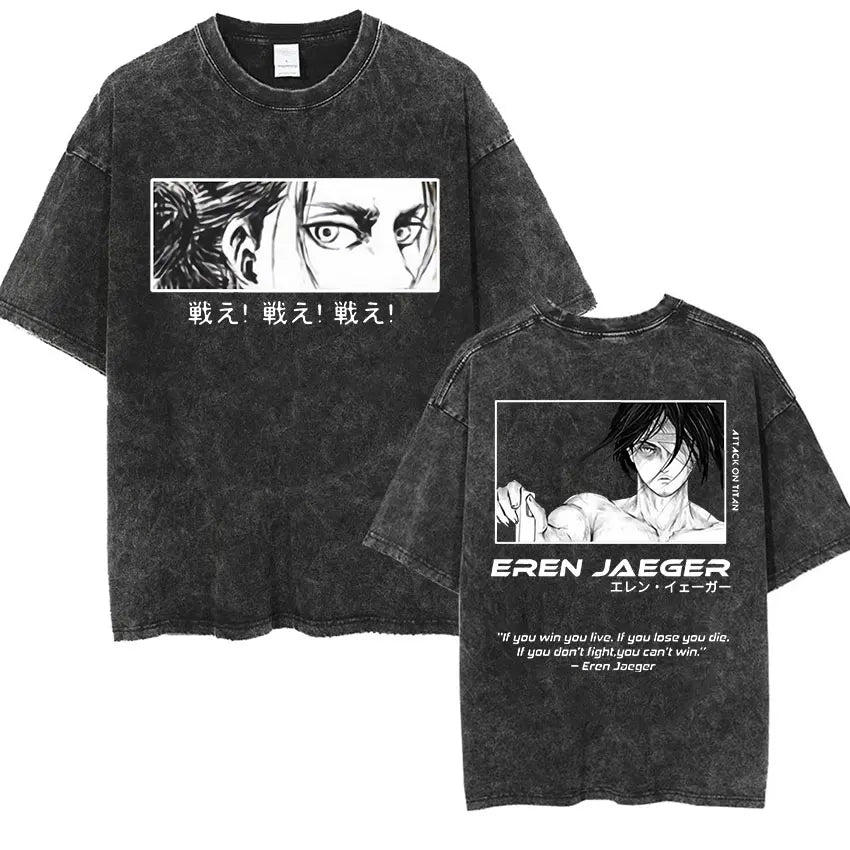 Anime Attack on Titan Vintage Washed Print T-shirt Mikasa Ackerman Eren Jaeger Wings of Freedom Logo Mens Summer Cotton T-shirts