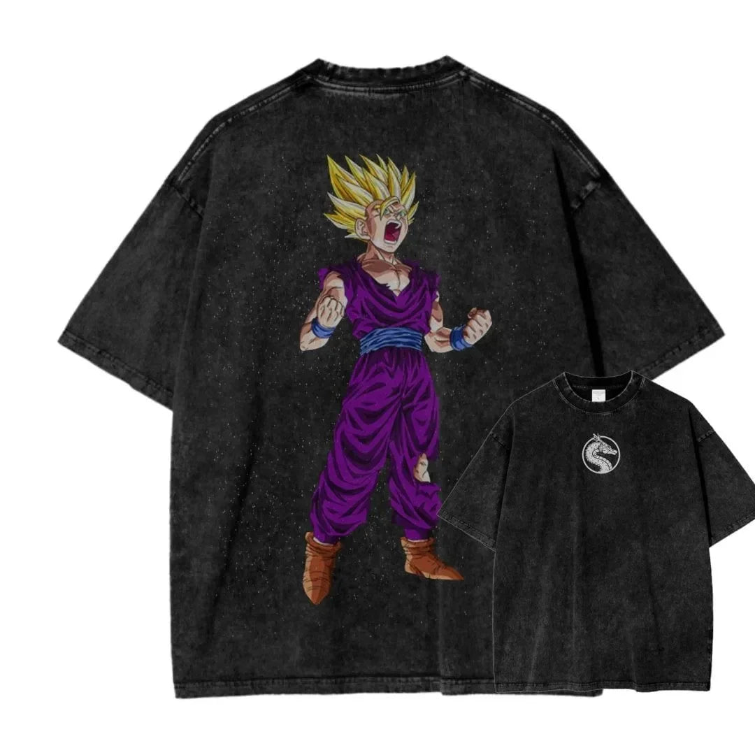 Anime Dragon Ball Cosplay Washed T-Shirt Cotton Short Sleeve Loose Large Casual Sports Fitness T-Shirt Men's Harajuku Clothing