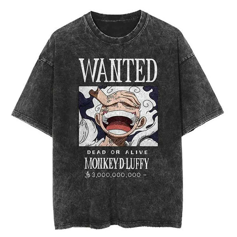 Men Casual Oversized Washed Harajuku T-shirt Washed Japanese Anime One Piece Graphic Loose Streetwear Black Tops Tees