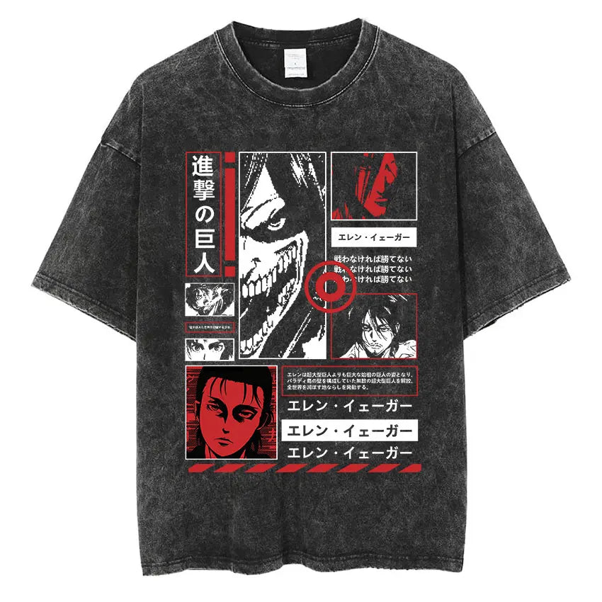 Anime Attack on Titan Vintage Washed Print T-shirt Mikasa Ackerman Eren Jaeger Wings of Freedom Logo Mens Summer Cotton T-shirts