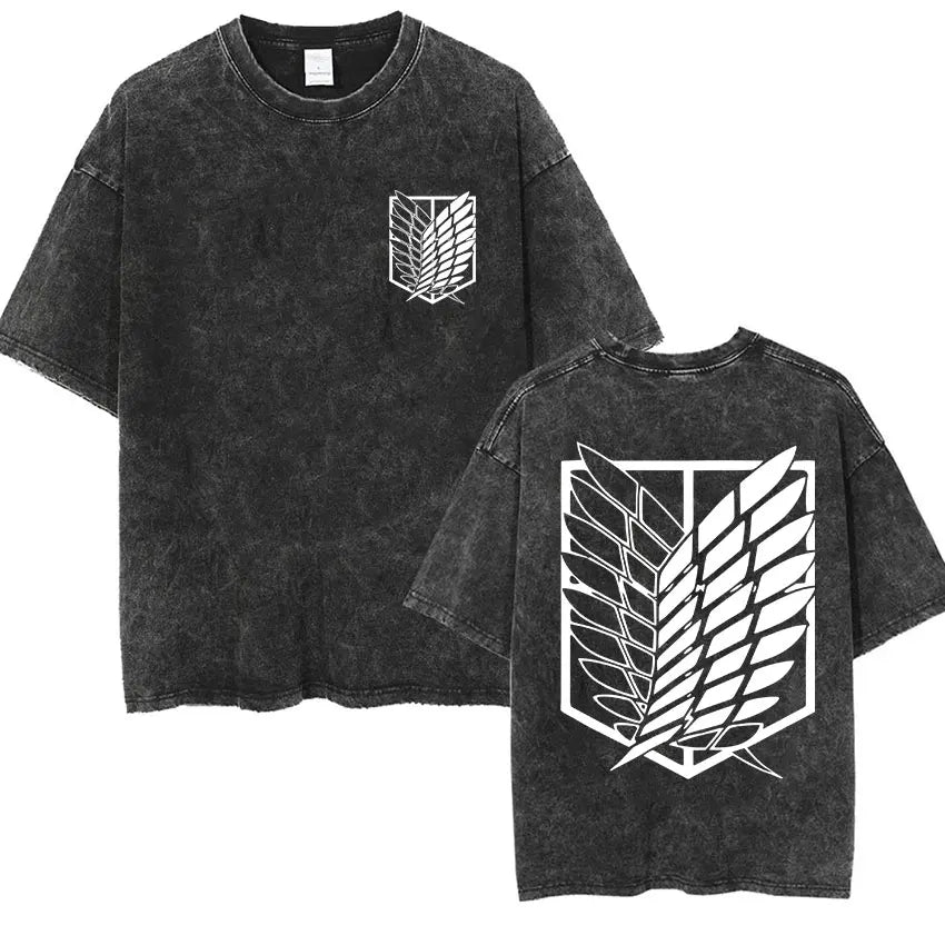 Anime Attack on Titan Vintage Washed Print T-shirt Mikasa Ackerman Eren Jaeger Wings of Freedom Logo Mens Summer Cotton T-shirts