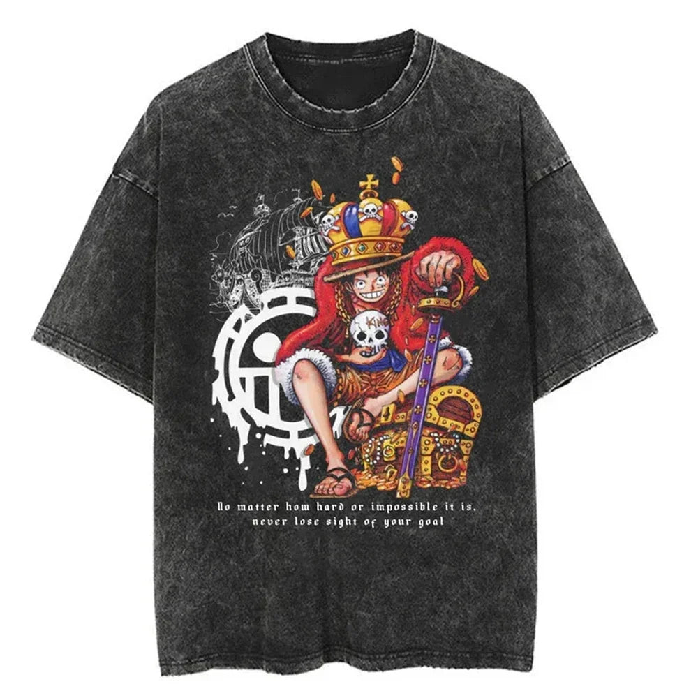 Men Casual Oversized Washed Harajuku T-shirt Washed Japanese Anime One Piece Graphic Loose Streetwear Black Tops Tees