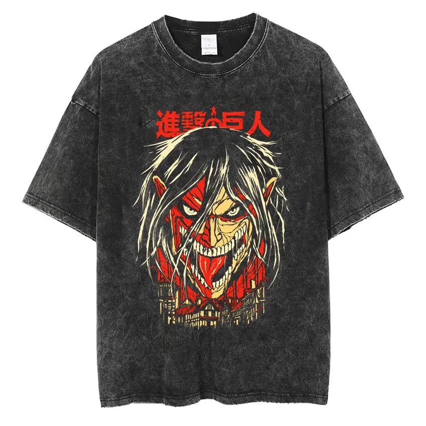 Anime Attack on Titan Vintage Washed Print T-shirt Mikasa Ackerman Eren Jaeger Wings of Freedom Logo Mens Summer Cotton T-shirts